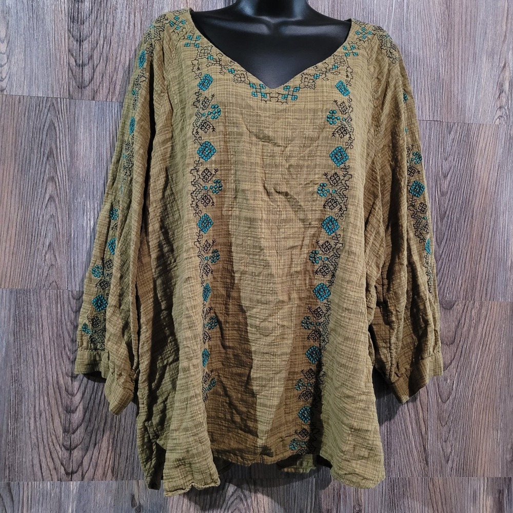 J Jill Pure Jill Embroidered Boho Seersucker Top Plus Size 3X Brown Plaid Earthy